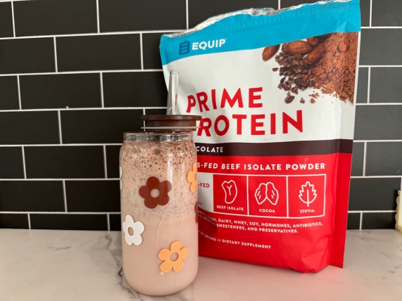 equip prime protein powder zip bag and protein shake